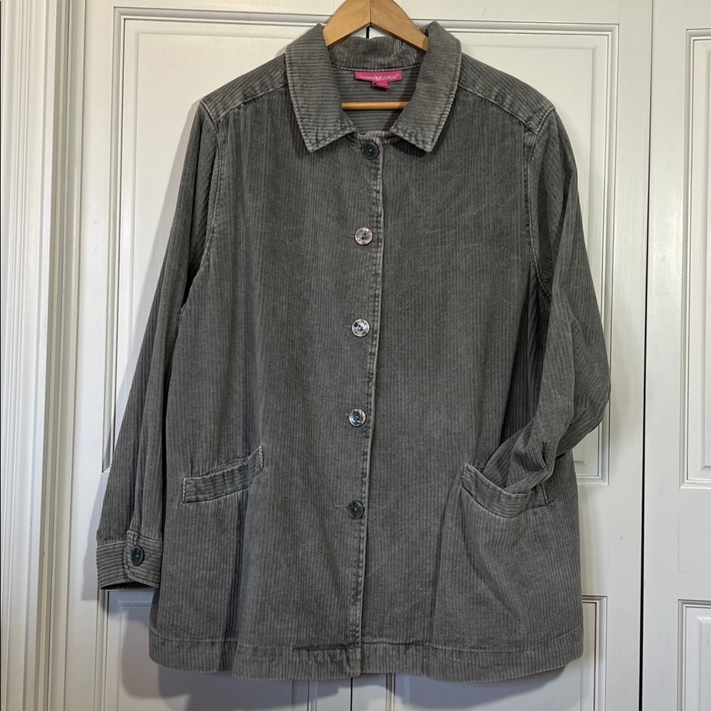 Corduroy Jacket 1X, buttery soft gray, large pockets, pleated back, long sleeve